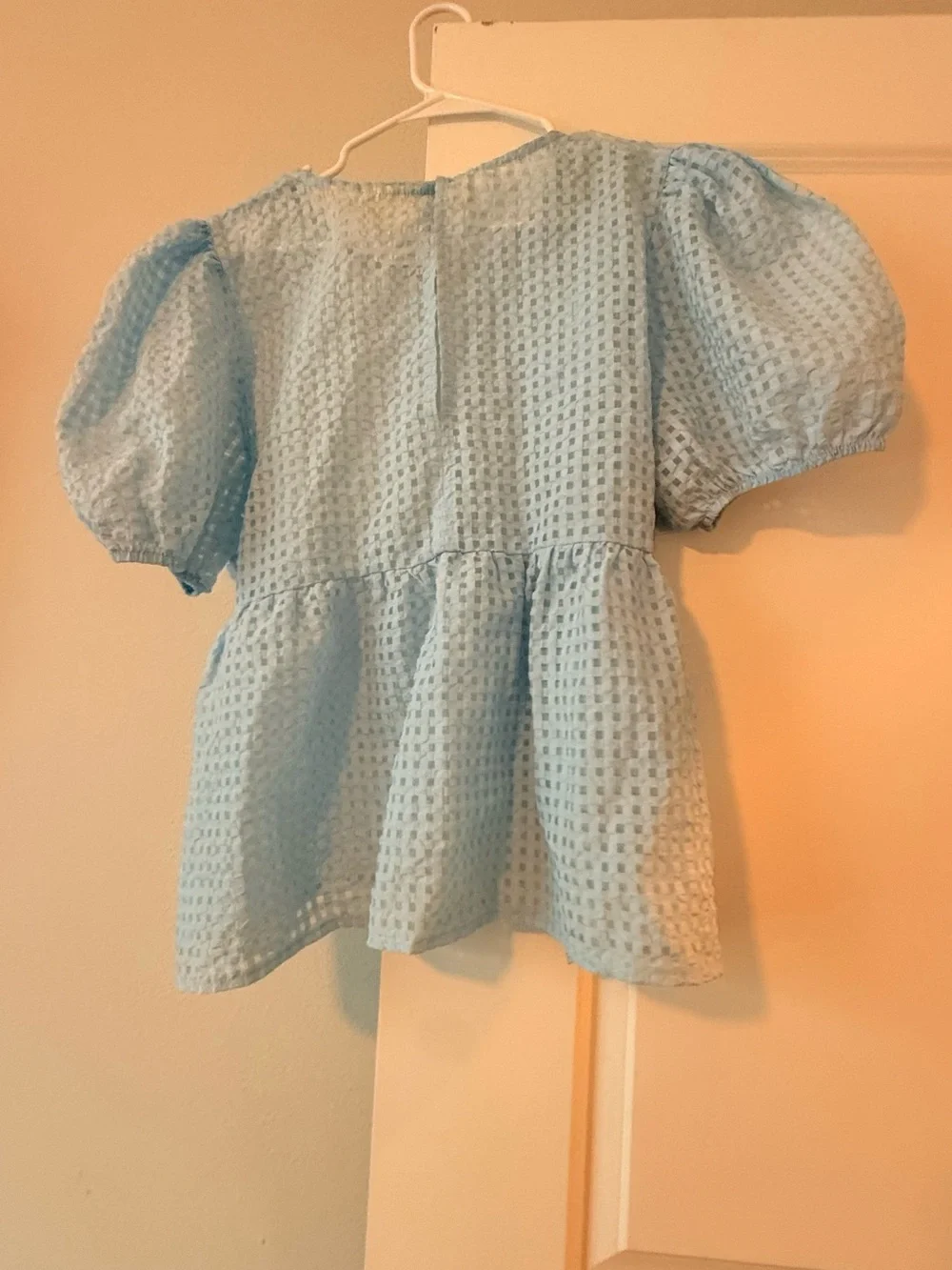Anthropologie Maeve Light Blue Checkered Peplum Top - Picture 7 of 7
